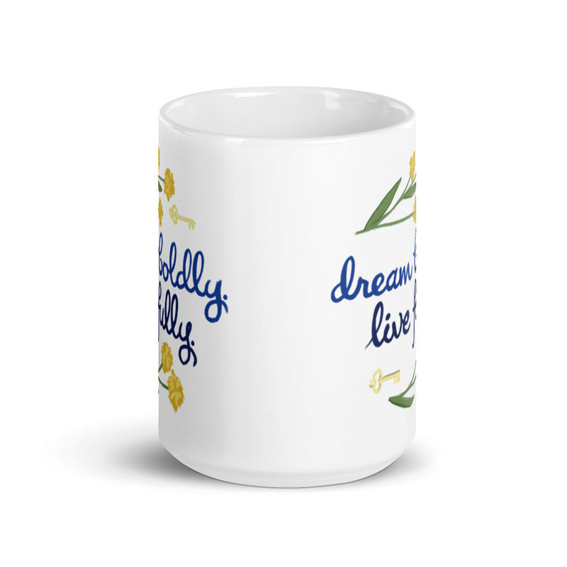 Kappa Kappa Gamma Dream Boldly. Live Fully. White Mug showing print on both sides of 15 oz mug