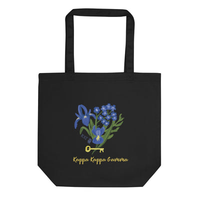 Kappa Kappa Gamma Fleur de Key Eco Tote Bag in black shown flat with custom Kappa print on front