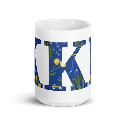 Kappa Kappa Gamma Filled Letters Mug in white in 15 oz size showing filled letters design wrapping around mug