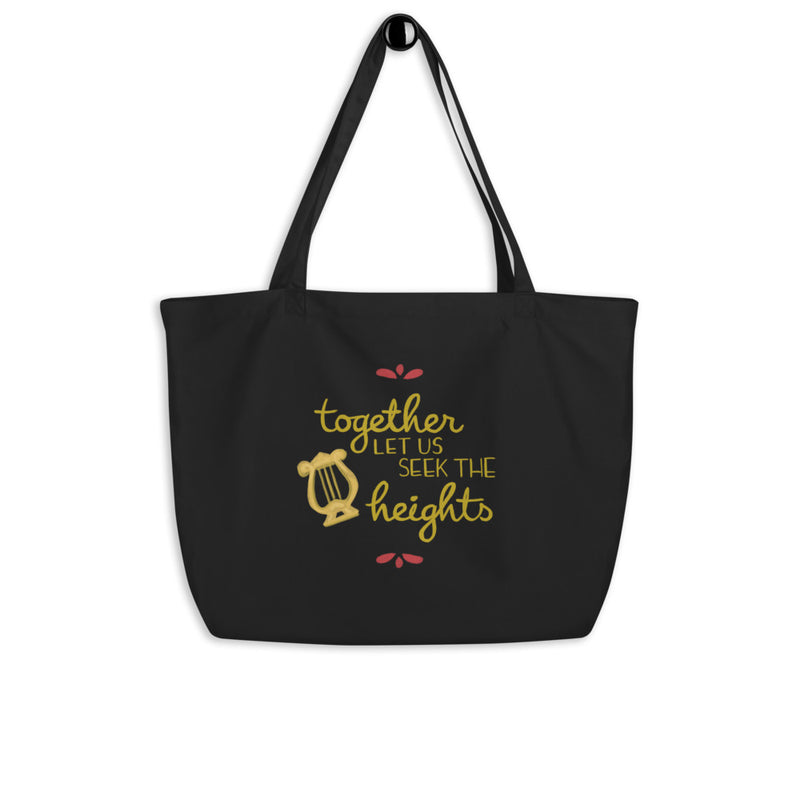 Alpha Chi Omega Motto Large Organic Eco Tote Bag in black on hook