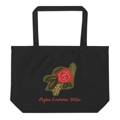 Alpha Gamma Delta Red Rose Large Organic Tote Bag in black shown flat