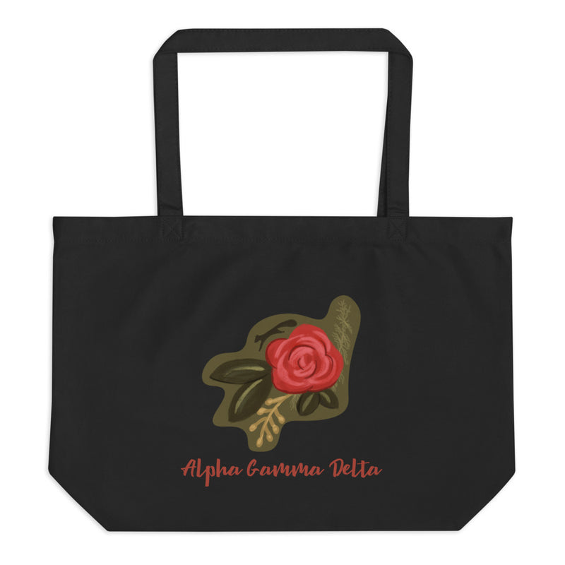 Alpha Gamma Delta Red Rose Large Organic Tote Bag in black shown flat
