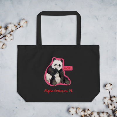 Alpha Omicron Pi Panda Large Organic Tote Bag shown flat with cotton