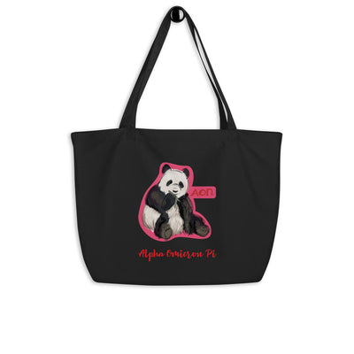 Alpha Omicron Pi Panda Large Organic Tote Bag in black on a hook