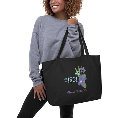 Alpha Delta Pi 1851 Founding Year Large Organic Tote Bag in black on woman's arm