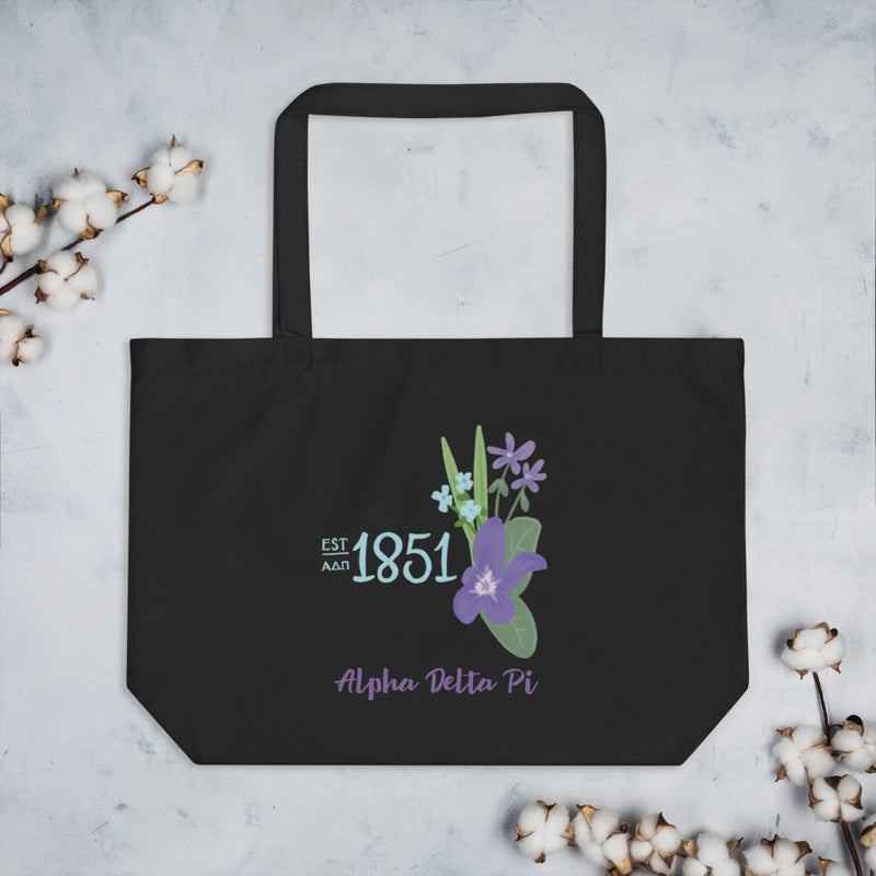 Alpha Delta Pi 1851 Founding Year Large Organic Tote Bag in black with cotton blossoms