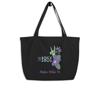 Alpha Delta Pi 1851 Founding Year Large Organic Tote Bag in black on hook