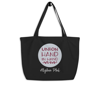 Alpha Phi Union Hand in Hand Large Organic Eco Tote Bag shown on a hook