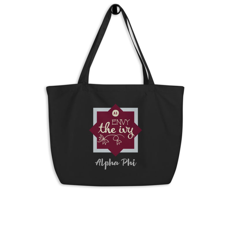 Alpha Phi Envy The Ivy Large Organic Eco Tote Bag in black shown on a hook