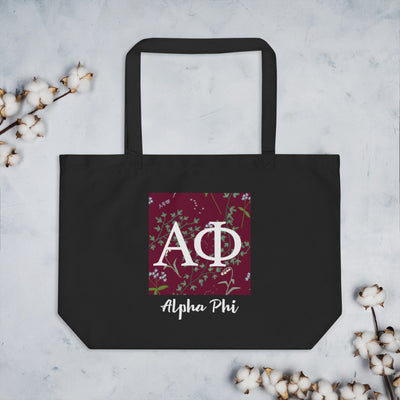 Alpha Phi Greek Letters Large Organic Eco Tote Bag in black with white lettering