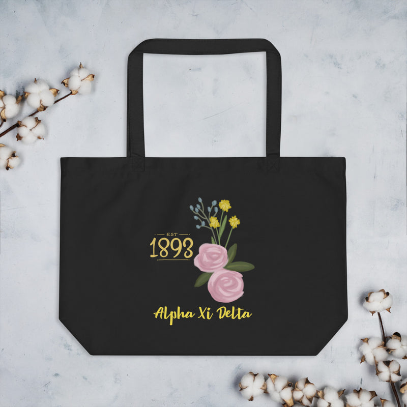 Alpha Xi Delta 1893 Founders Day Large Organic Eco Tote Bag in black shown flat
