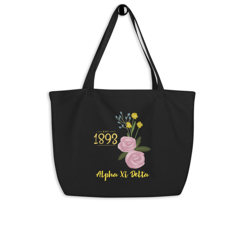 Alpha Xi Delta 1893 Founders Day Large Organic Eco Tote Bag shown on hook