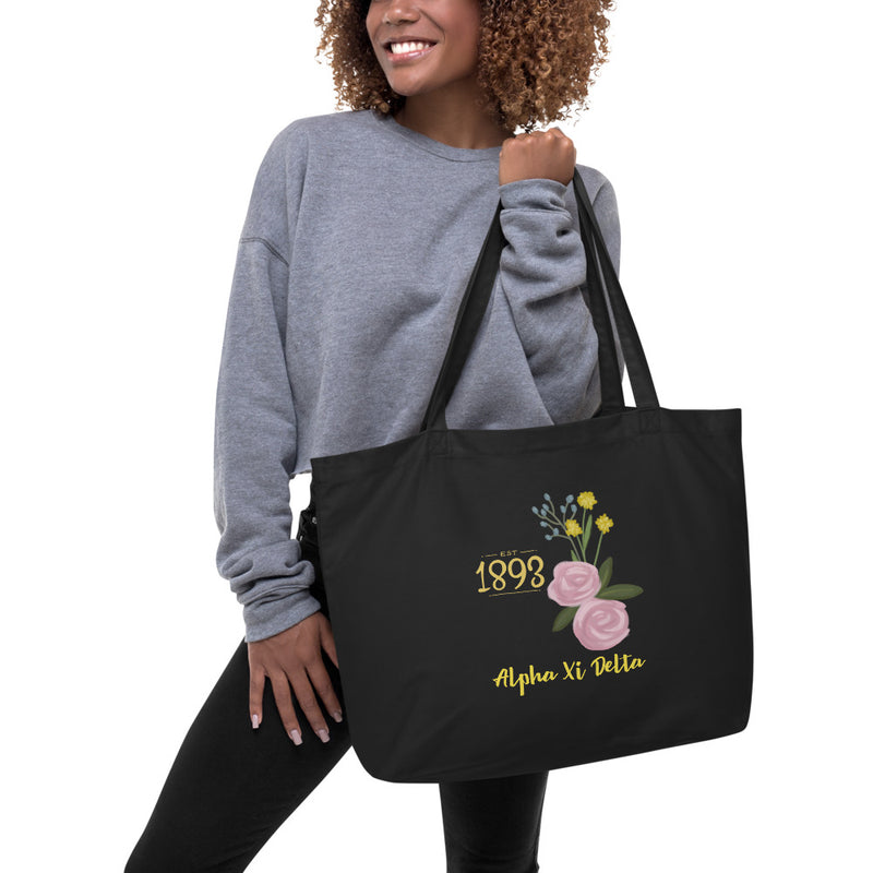 Alpha Xi Delta 1893 Founders Day Large Organic Eco Tote Bag on model&