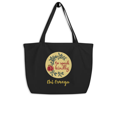 Chi Omega To Speak Kindly Large Organic Tote Bag in black shown on a hook