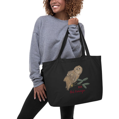 Chi Omega Owl Mascot Large Organic Eco Tote Bag in black shown on model