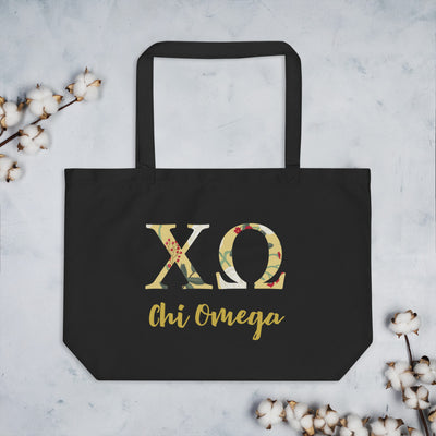 Chi Omega Greek Letters Large Organic Eco Tote Bag in black shown flat