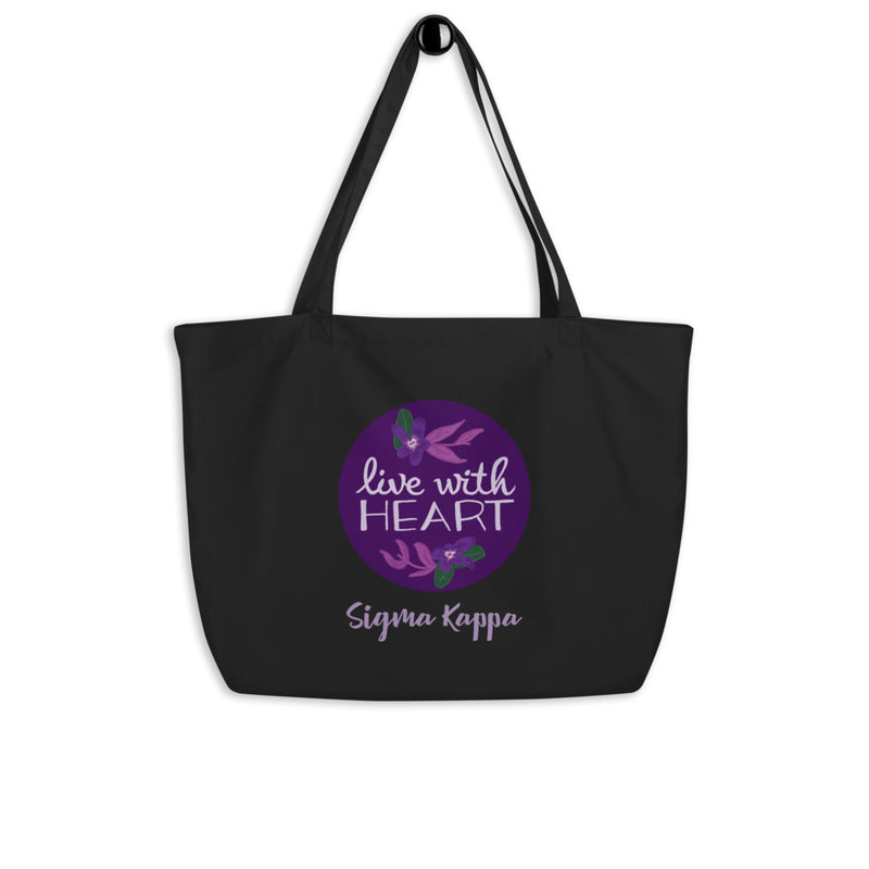 Sigma Kappa Live With Heart Large Organic Tote Bag in black on a hook