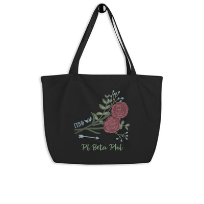 Pi Beta Phi Carnation and Arrow Large Organic Tote Bag shown on a hook