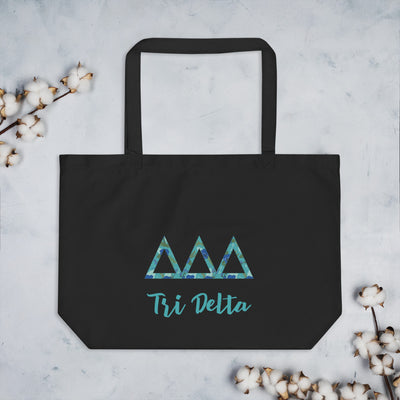 Tri Delta Greek Letters Large Organic Tote Bag in black shown flat