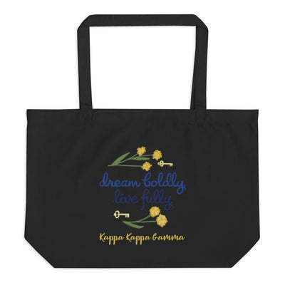 Kappa Kappa Dream Boldly. Live Fully. motto with keys printed on a black canvas shopping tote. in black shown flat