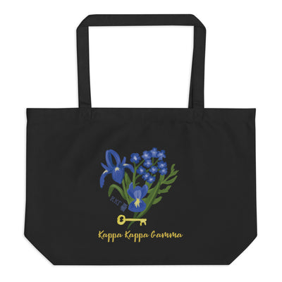 Kappa Kappa Gamma blue iris and golden ket printed on a black canvas shopping tote.