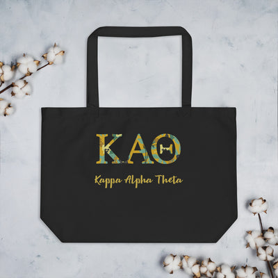 Kappa Alpha Theta Greek Letters Large Organic Tote Bag in black shown with cotton