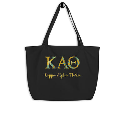 Kappa Alpha Theta Greek Letters Large Organic Tote Bag in black shown on a hook