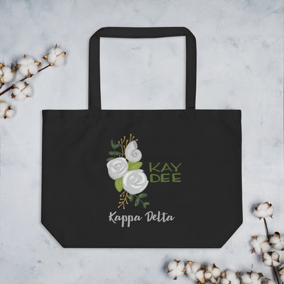 Kappa Delta Kay Dee Roses Large Organic Tote Bag in black shown flat