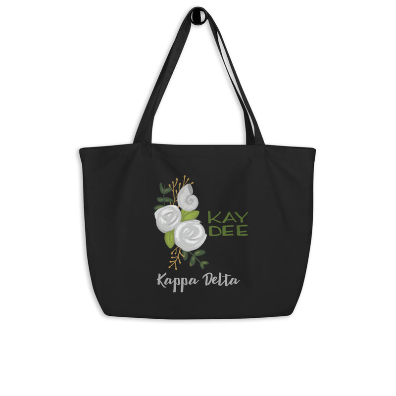 Kappa Delta Kay Dee Roses Large Organic Tote Bag in black shown on hook
