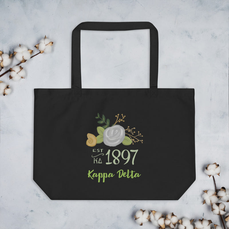 Kappa Delta 1897 Founding Date Large Organic Tote Bag in black shown flat