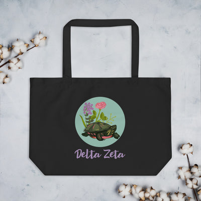 Delta Zeta Tortoise Mascot Large Organic Tote Bag shown flat in black