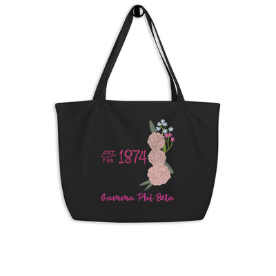 Gamma Phi Beta 1874 Founders Day Large Organic Tote Bag in black on a hook