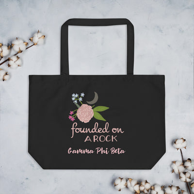 Gamma Phi Beta Founded on a Rock Large Organic Tote Bag shown flat with cotton