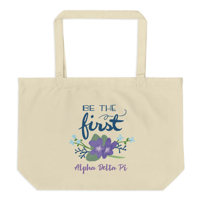 Our Alpha Delta Pi "Be The First" large organic tote bag in oyster is so pretty.