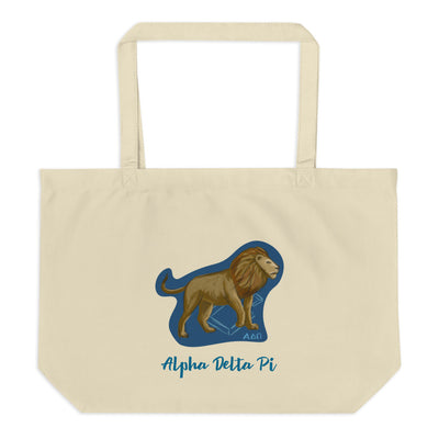 Alpha Delta Pi Alphie The Lion Large Organic Tote Bag shown in natural oyster color