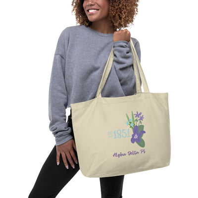 Alpha Delta Pi 1851 Founding Year Large Organic Tote Bag in natural oyster color on woman's arm