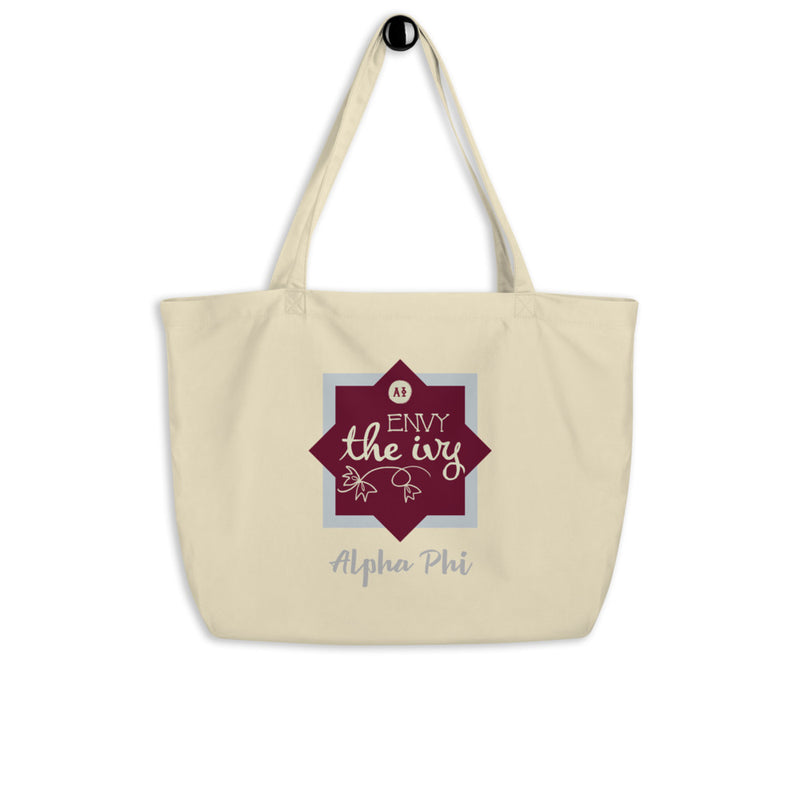 Alpha Phi Envy The Ivy Large Organic Eco Tote Bag in natural oyster shown on a hook