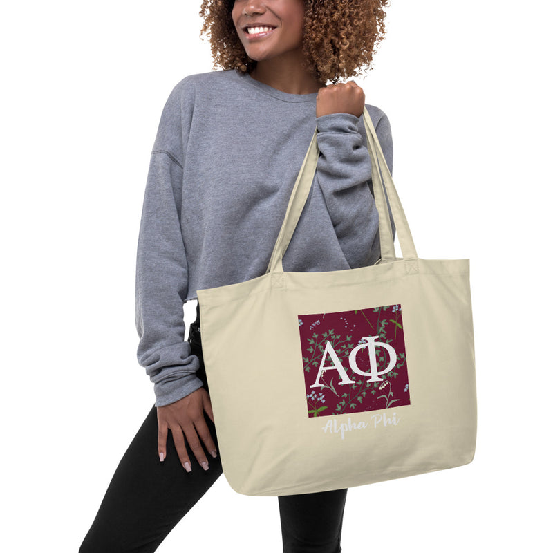 Alpha Phi Greek Letters Large Organic Eco Tote Bag in natural with white lettering