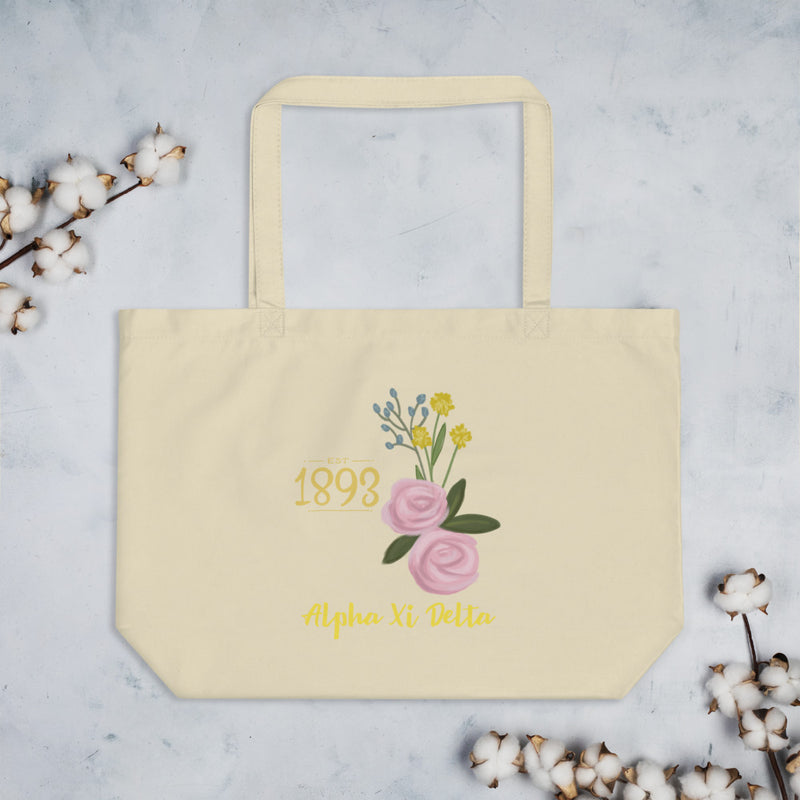 Alpha Xi Delta 1893 Founders Day Large Organic Eco Tote Bag shown in natural oyster color shown flat