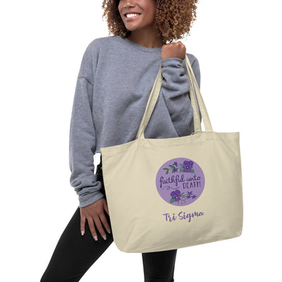 Tri Sigma Faithful Until Death Large Organic Tote Bag in oyster on model