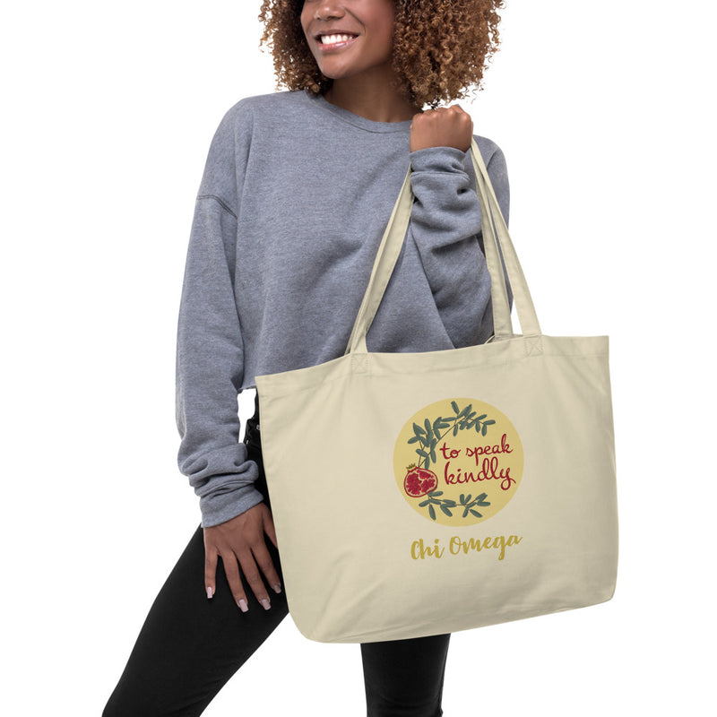 Chi Omega To Speak Kindly Large Organic Tote Bag in natural oyster shown on model