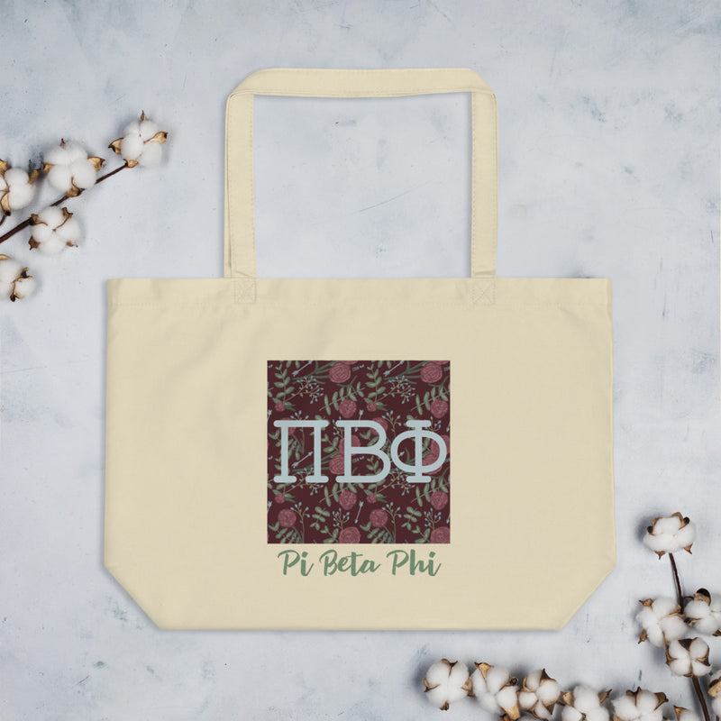 Pi Beta Phi Greek Letters Large Organic Tote Bag shown flat with cotton