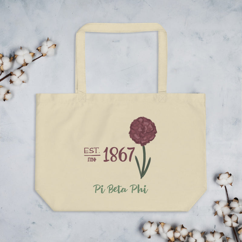Pi Beta Phi 1867 Founding Date Large Organic Tote Bag in natural shown flat