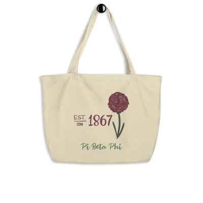 Pi Beta Phi 1867 Founding Date Large Organic Tote Bag shown on a hook
