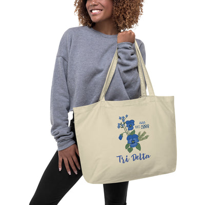 Tri Delta 1888 Founders Day Large Organic Eco Tote Bag in natural oyster shown on model