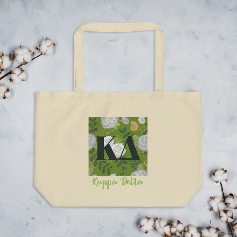 Kappa Delta Greek Letters Large Eco Tote Bag in natural oyster shown flat with cotton