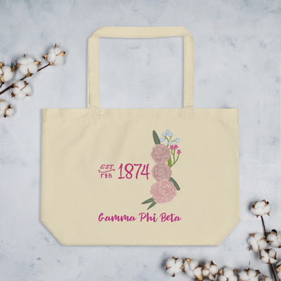 Gamma Phi Beta 1874 Founders Day Large Organic Tote Bag shown in natural oyster color