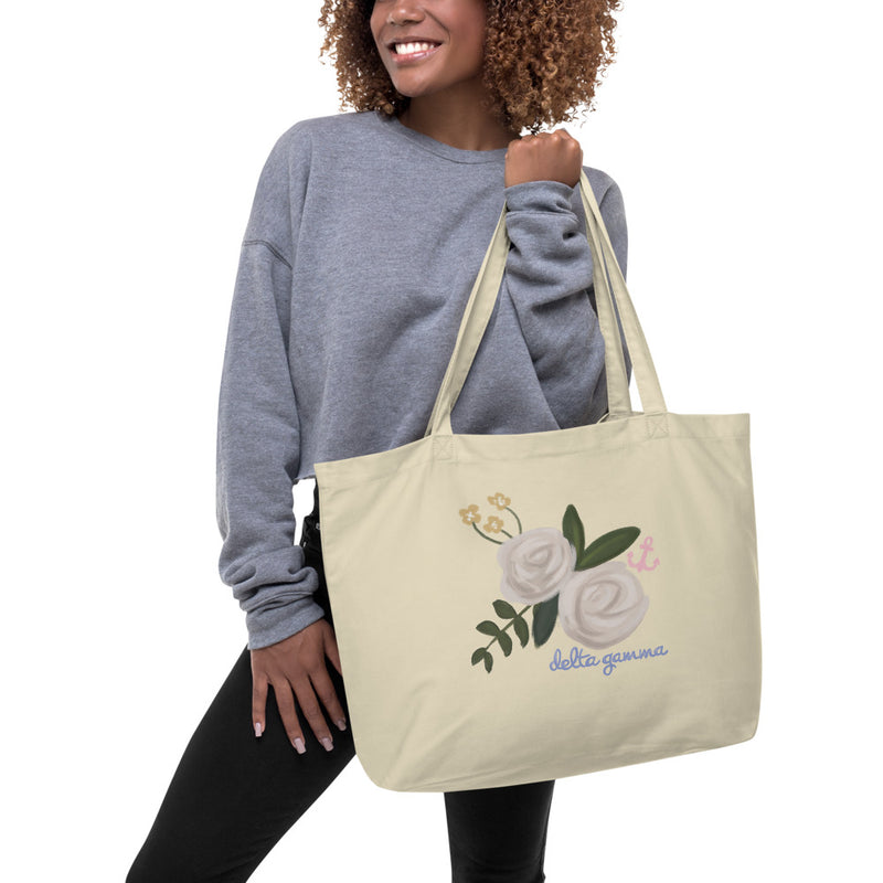 Delta Gamma Rose and Anchor Large Organic Tote Bag in natural oyster color