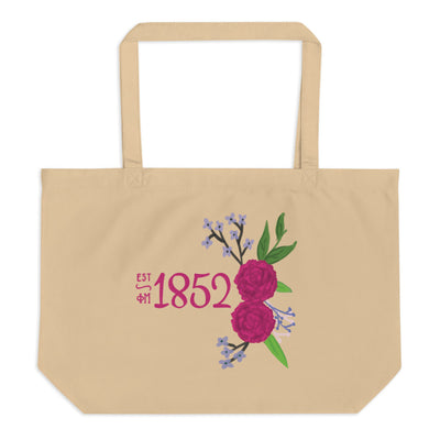 Phi Mu 1852 Founding Date Large Organic Tote Bag in natural oyster shown flat