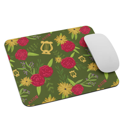 Alpha Chi Omega Carnation Floral Print Mouse Pad, Olive Green shown with mouse